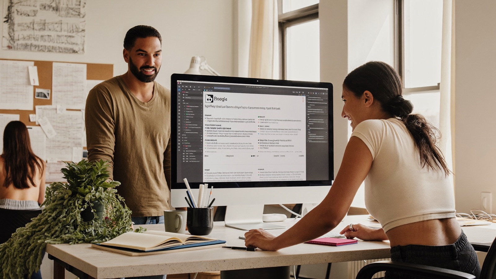 A small business owner and a designer reviewing AI-generated post drafts on a large monitor