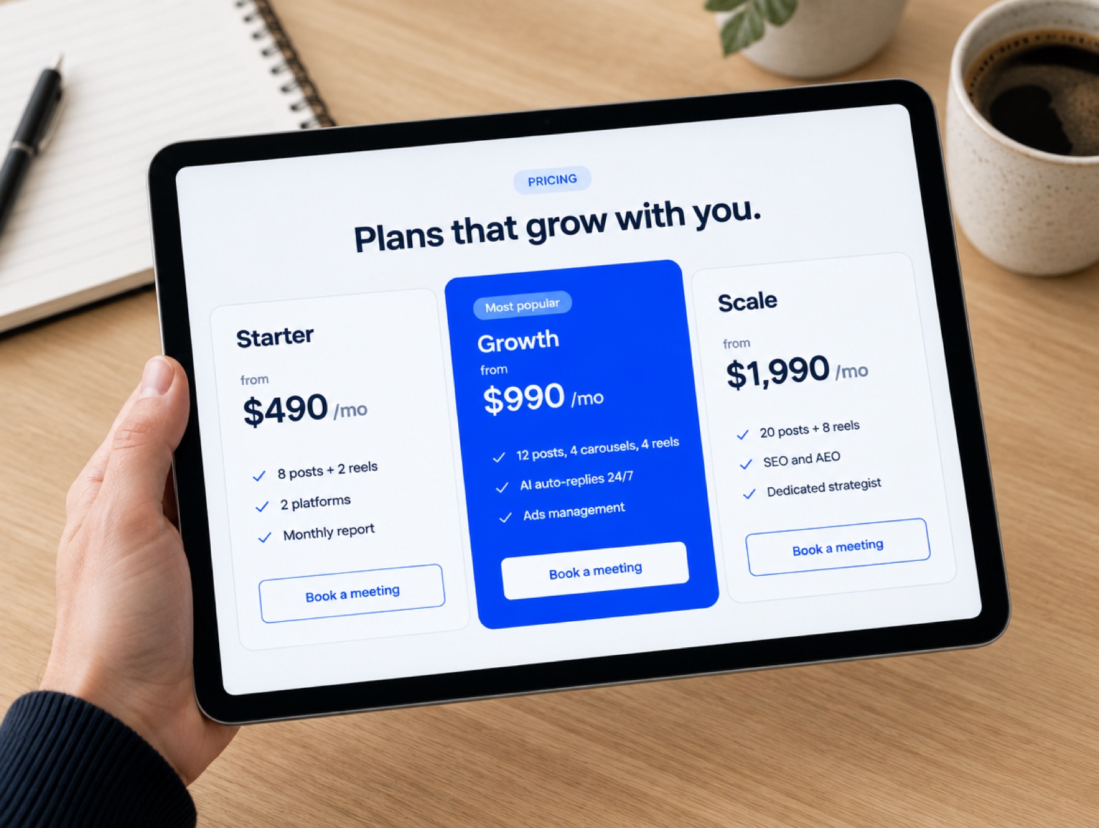 The Starter, Growth and Scale plans on a tablet