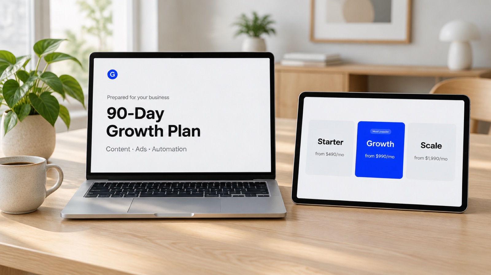 A Globaly.Agency proposal on a laptop, with the pricing plans on a tablet